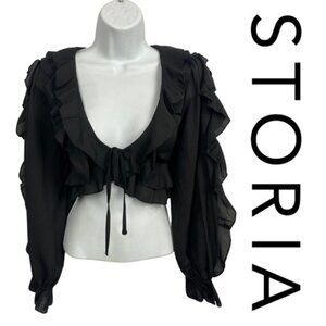 STORIA Black Long Sleeve Ruffle Front Tie Sheer Blouse Size M